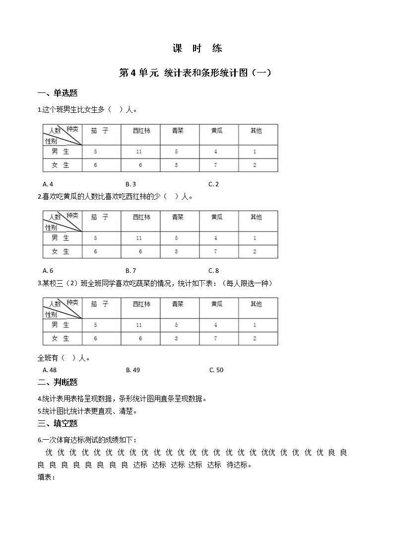 四年级数学苏教版上册课时练第4单元《统计表和条形统计图（一）》 1第1页