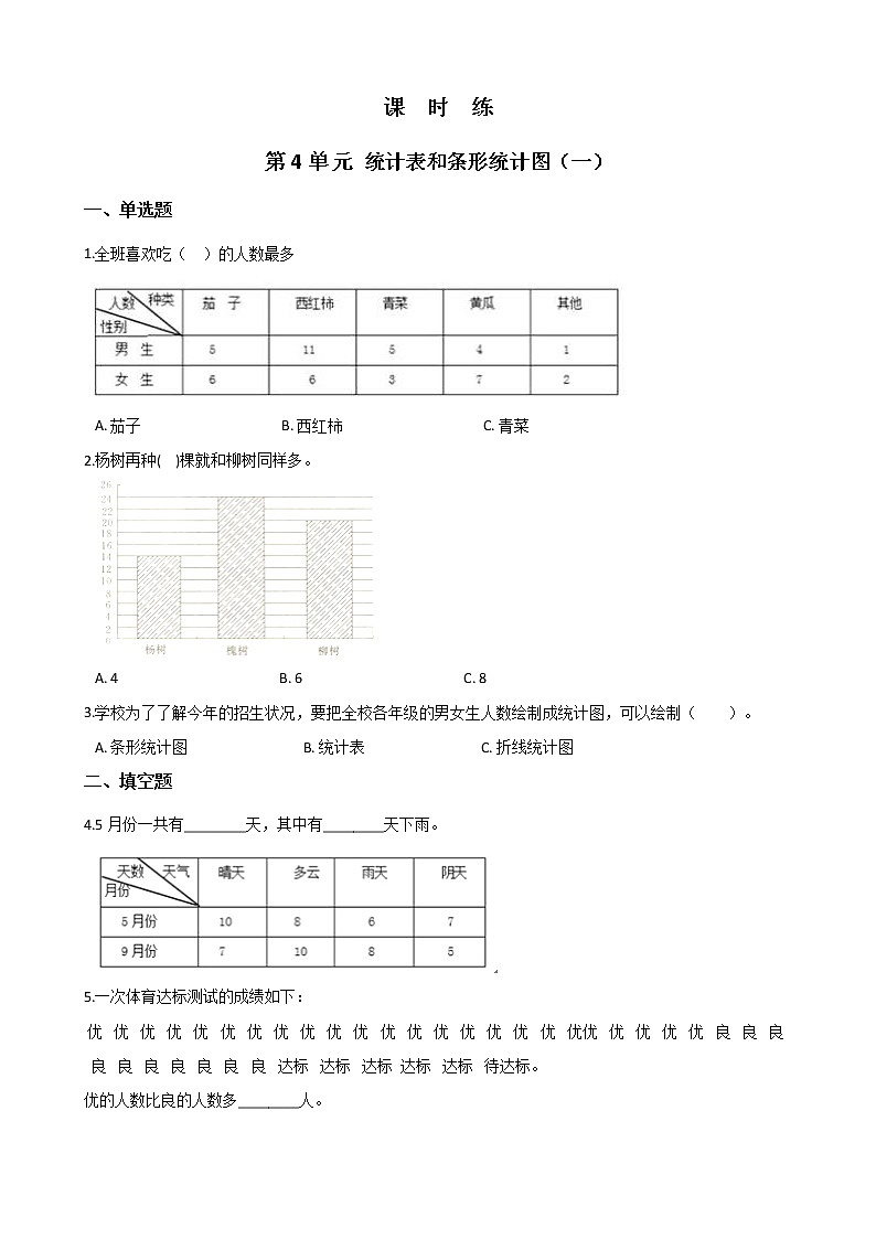 四年级数学苏教版上册课时练第4单元《统计表和条形统计图（一）》2第1页