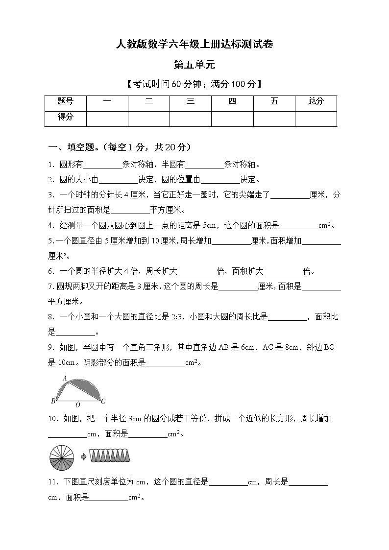 第五单元素养达标测试卷（单元测试）六年级上册数学人教版第1页