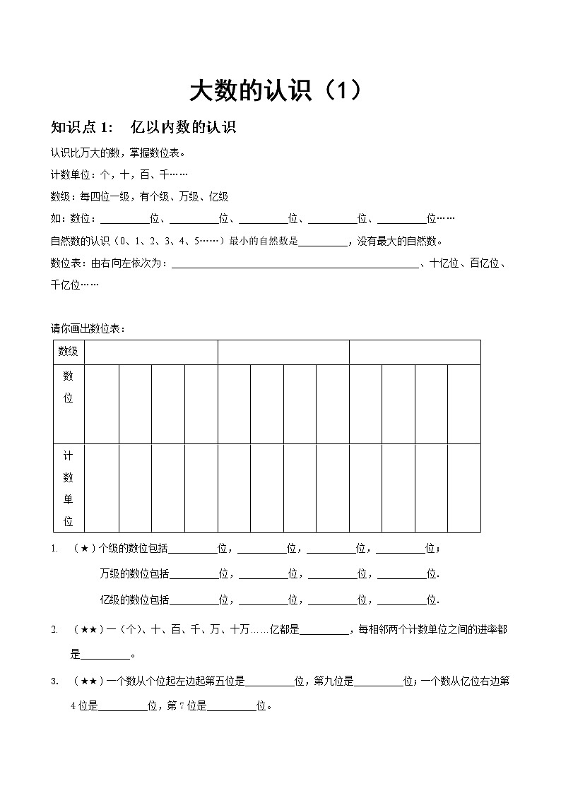 人教版四年级上册-大数的认识（1） 试卷01