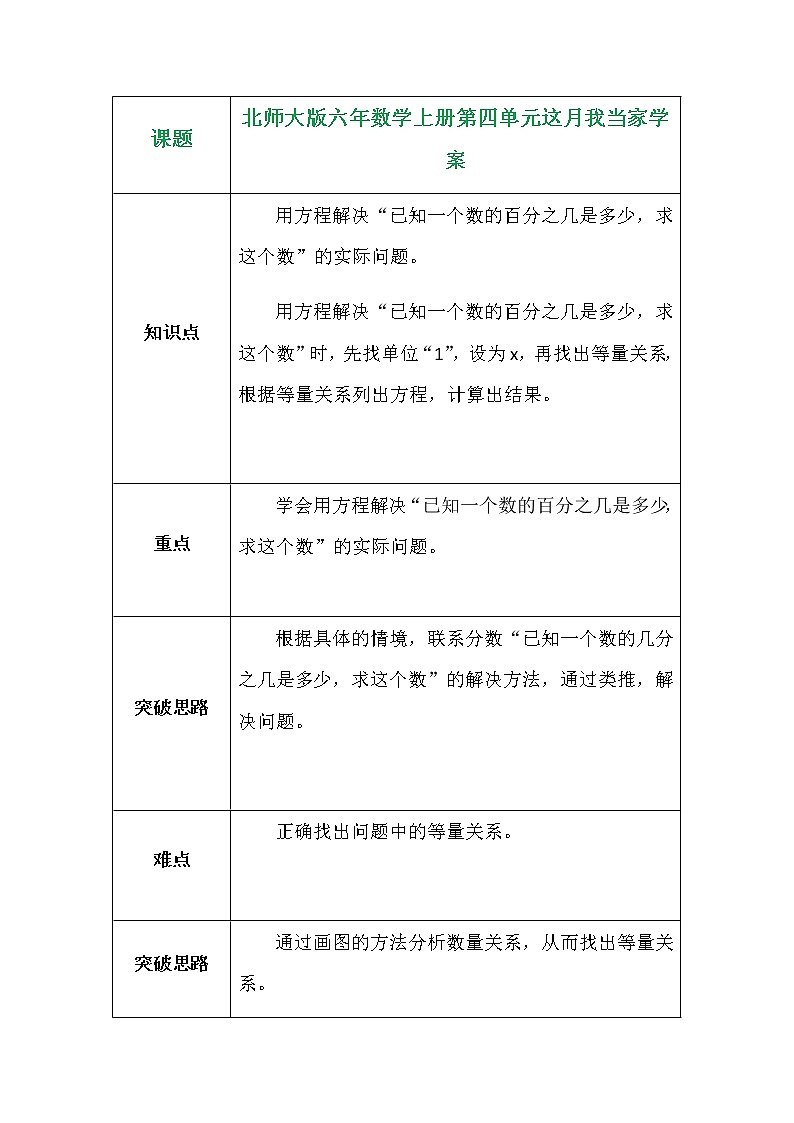 北师大版六年数学上册第四单元这月我当家学案01