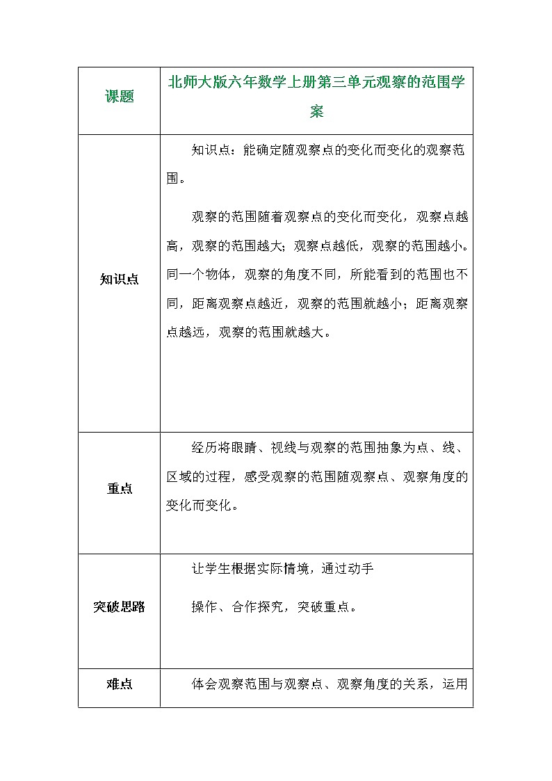 北师大版六年数学上册第三单元观察的范围学案01