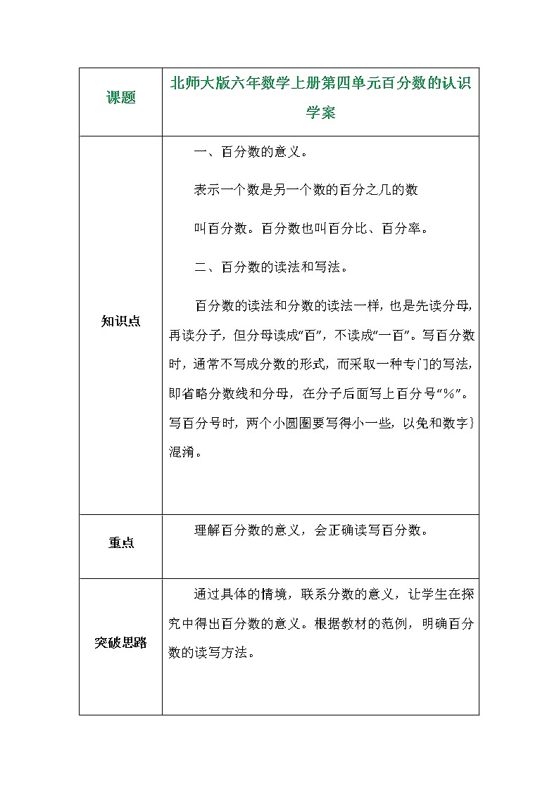 北师大版六年数学上册第四单元百分数的认识学案第1页
