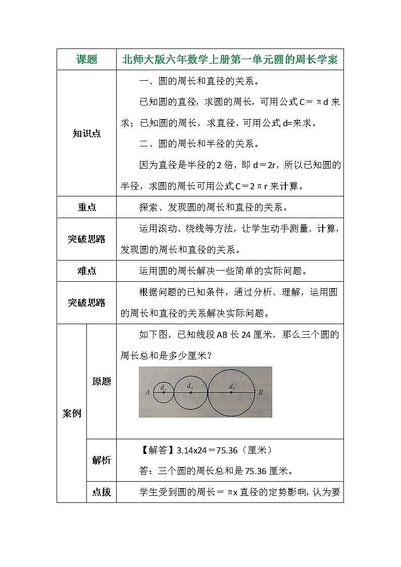北师大版六年数学上册第一单元圆的周长学案01