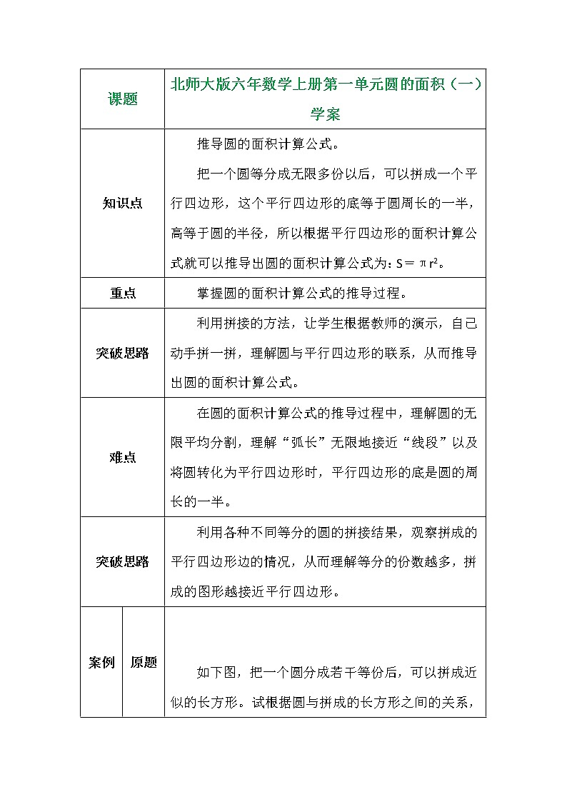 北师大版六年数学上册第一单元圆的面积（一）学案01