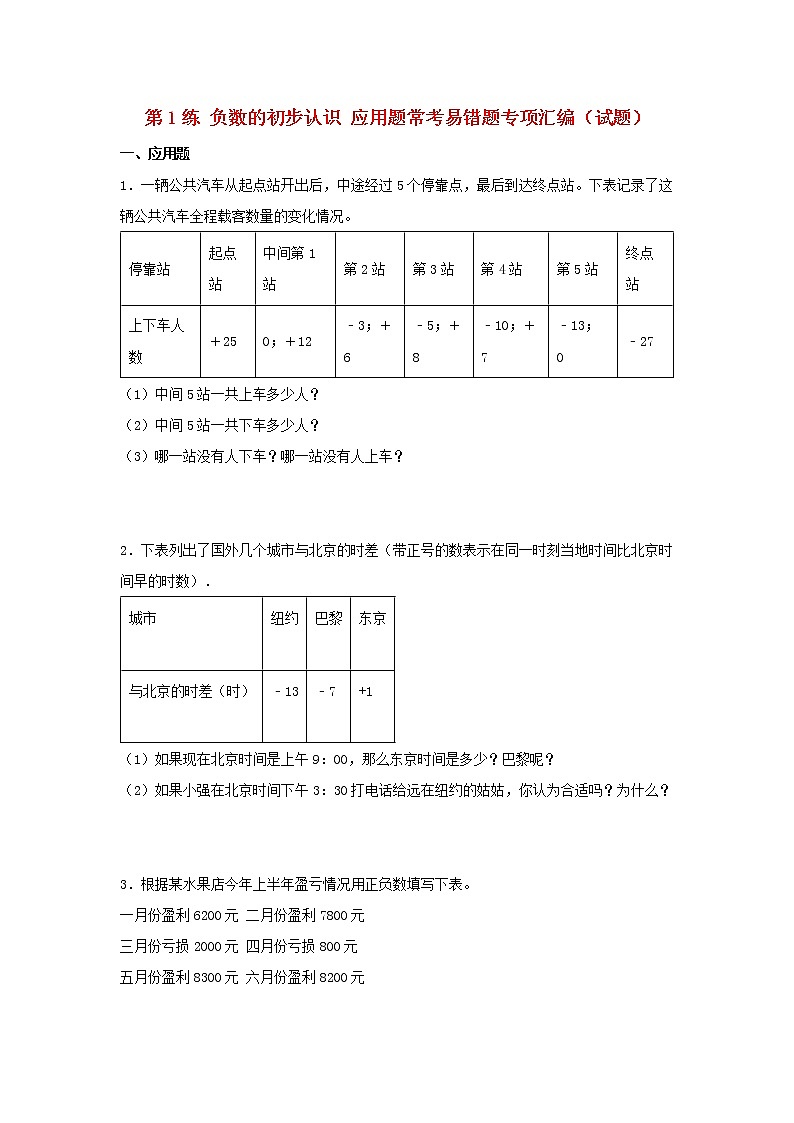 （易错笔记）第1练 负数的初步认识 应用题常考易错题专项汇编（试题）  小学数学五年级上册（苏教版，含答案）第1页