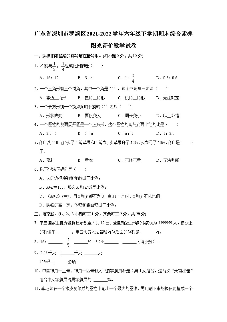 广东省深圳市罗湖区2021-2022学年六年级下学期期末综合素养阳光评价数学试   word，解析版 试卷01