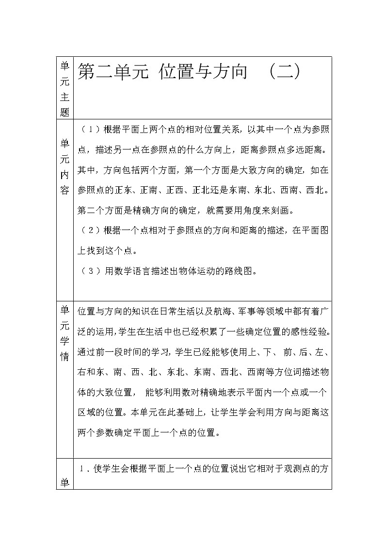 六年级数学《方向与位置》大单元教学设计第1页