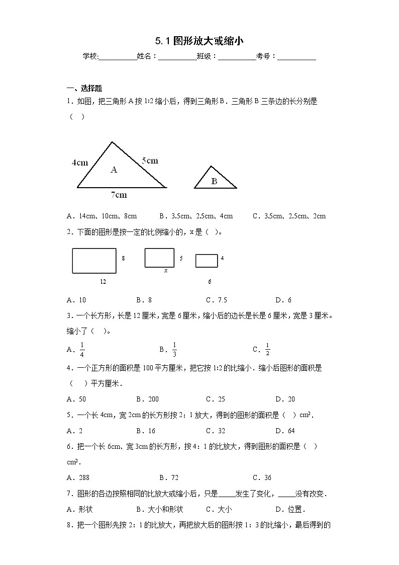 5.1图形放大或缩小同步练习西师大版数学六年级上册01