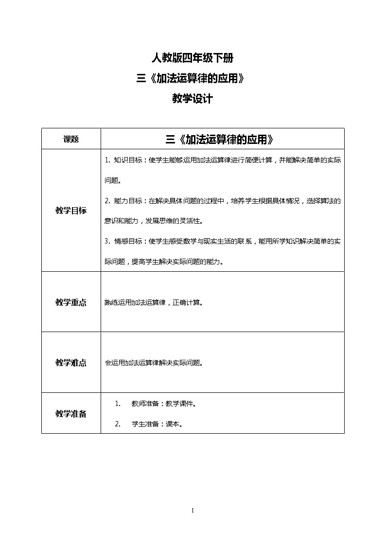 人教版四下3.2《加法运算律的应用》PPT课件（送教案+练习）01