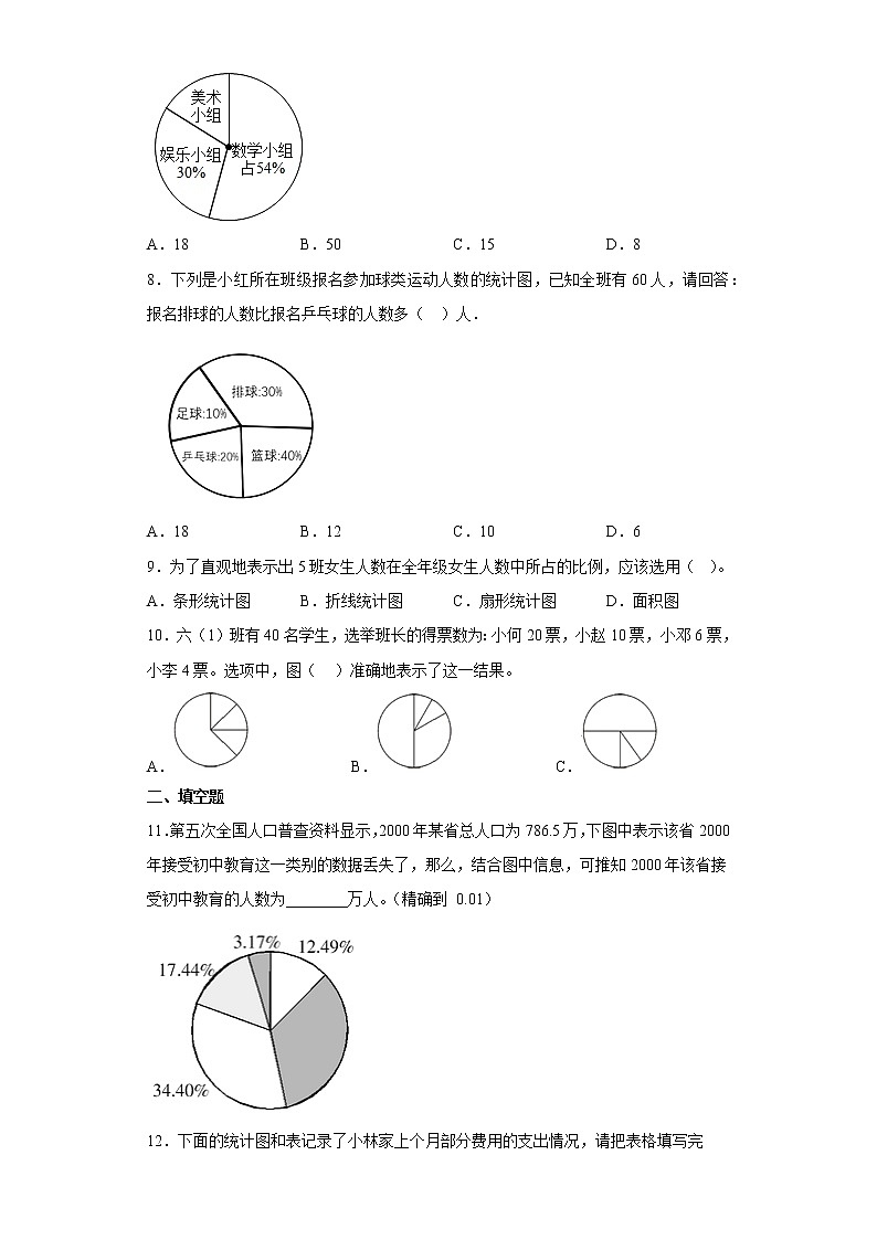 4.19扇形统计图同步练习浙教版数学六年级上册（原卷版）第3页