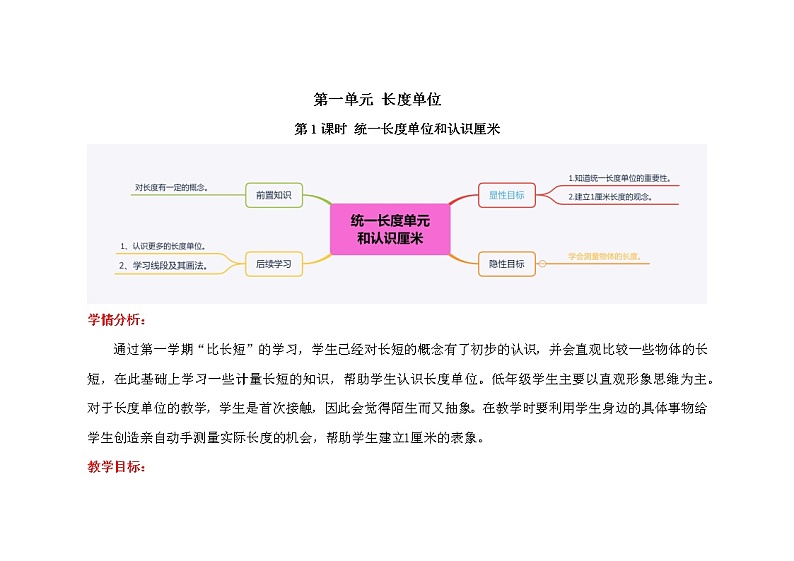 人教版二年级上数学第一单元第1课时《统一长度单位和认识厘米》优质课教学设计第1页