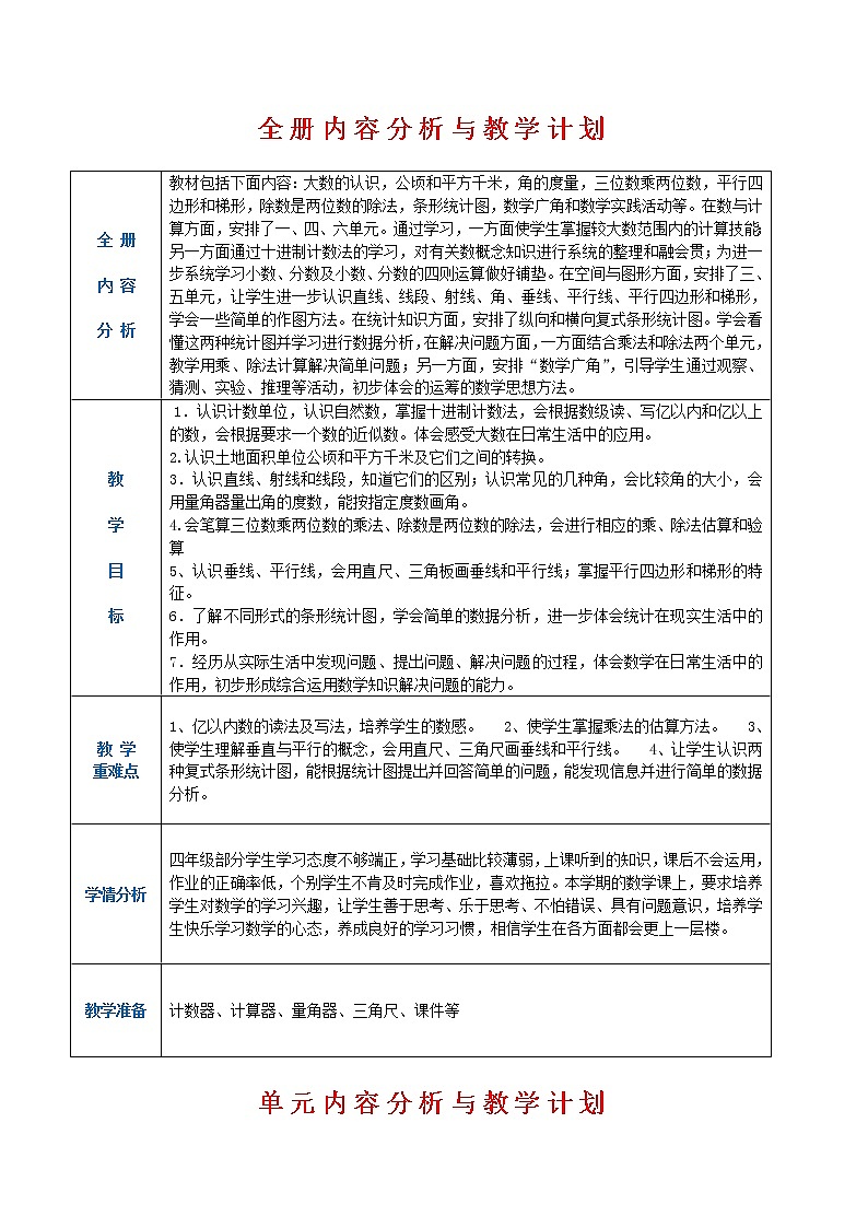 最新人教版数学四年级上册全册教案02