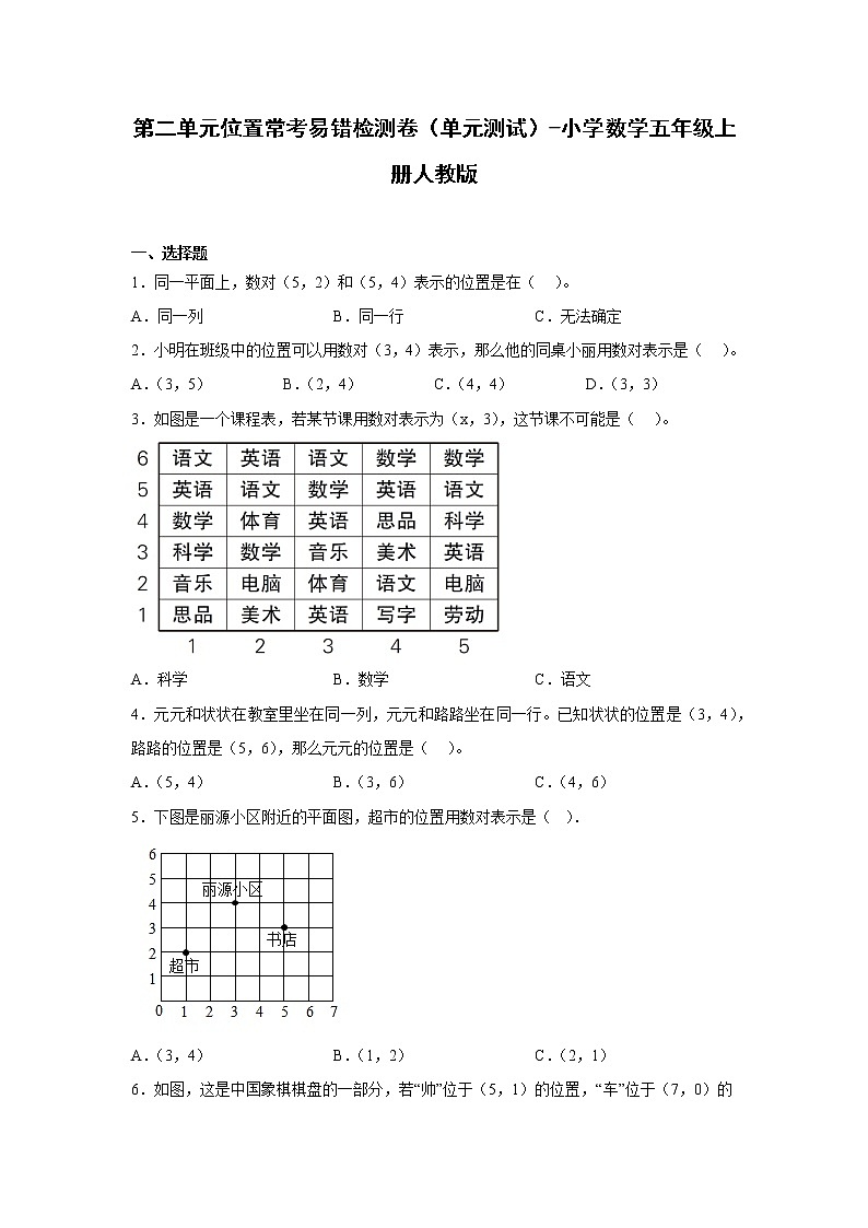 第二单元位置常考易错检测卷（单元测试）-小学数学五年级上册人教版第1页