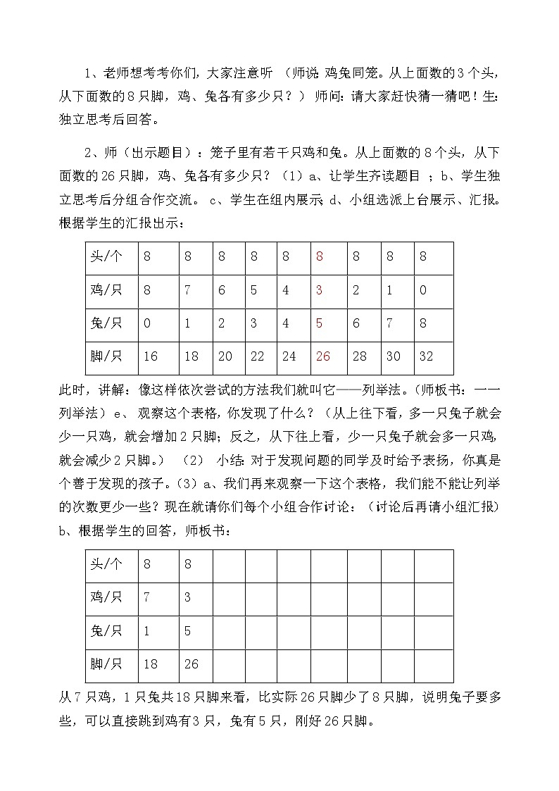 四年级数学下册教案-9 数学广角——鸡兔同笼9-人教版第2页