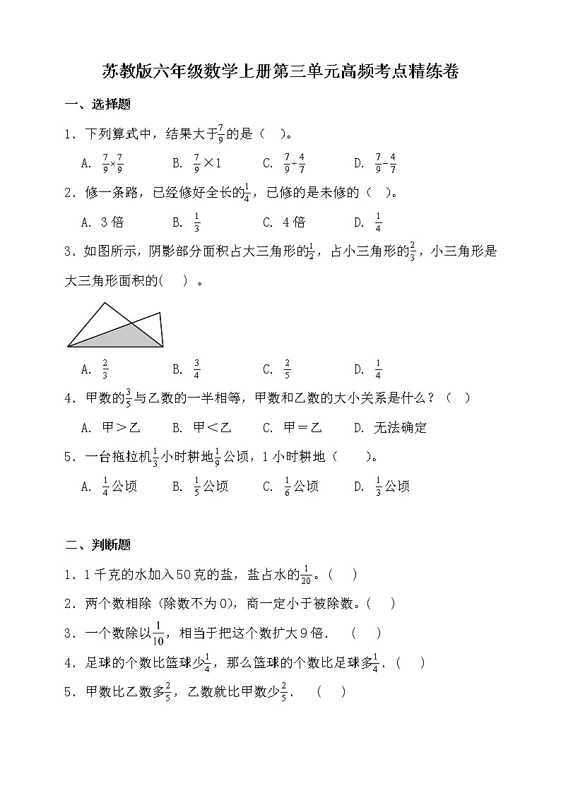 苏教版六年级数学上册第三单元高频考点精练卷（含答案）01