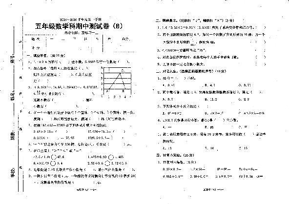 人教版五年级数学上册期中试卷（无答案） (9)第1页