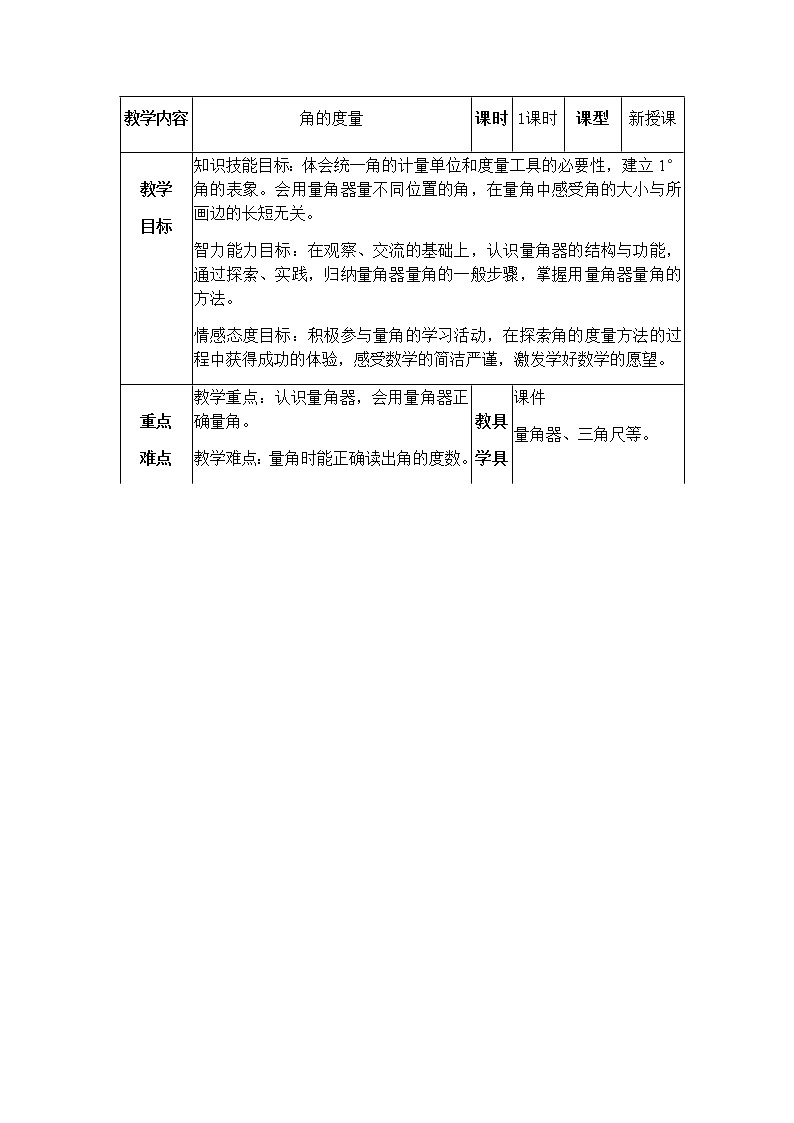 四年级上册数学教案 4.2 角的度量 北京版 (2)01