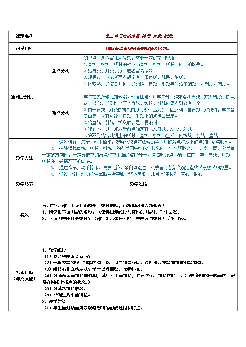 四年级数学上册教案-3.1线段，直线，射线60-人教版第1页