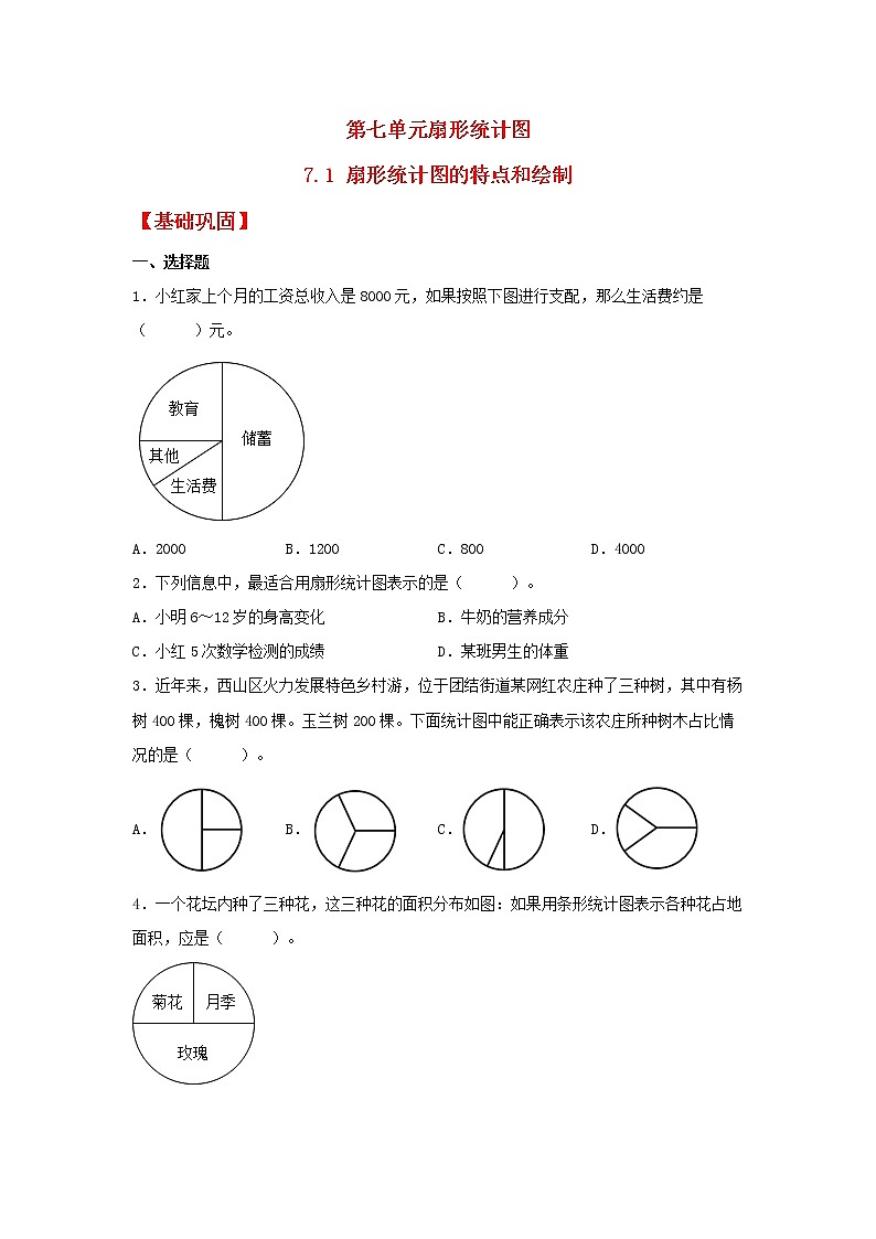 【同步分层作业】人教版数学六年级上册课时练《7.1 扇形统计图的特点和绘制》（同步练习含答案）01