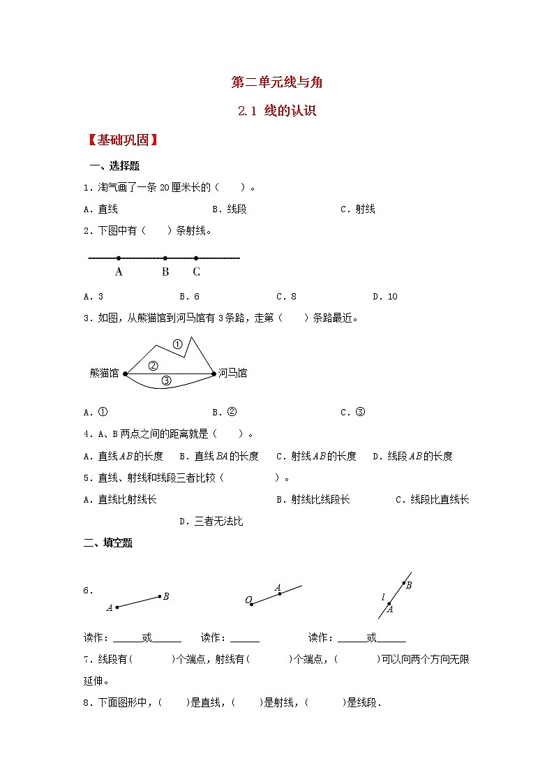 【同步分层作业】北师大版数学四年级上册课时练 2.1《线的认识》（同步练习含答案）01