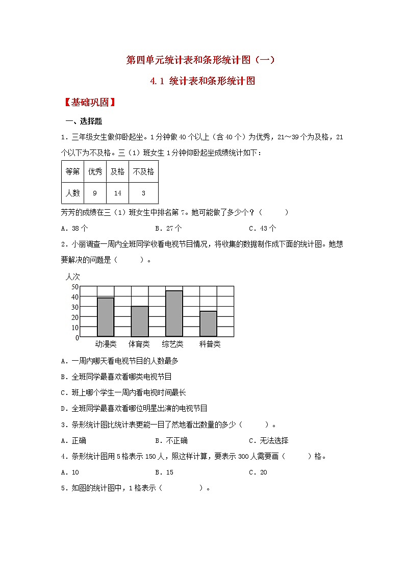 【同步分层作业】苏教版数学四年级上册课时练 4.1《统计表和条形统计图》（同步练习含答案）01