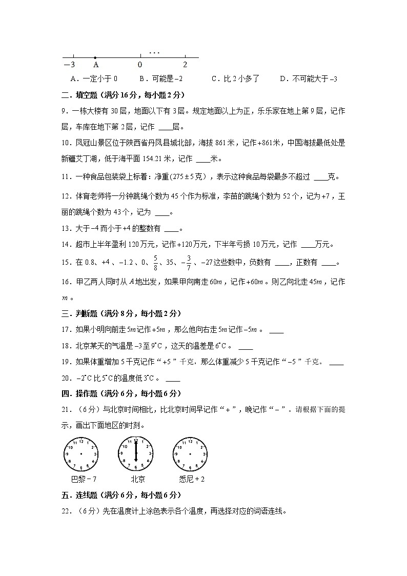【期中专项】苏教版数学五年级上册期中 易错专项强化突破A卷—1.负数的初步认识 （含解析）02