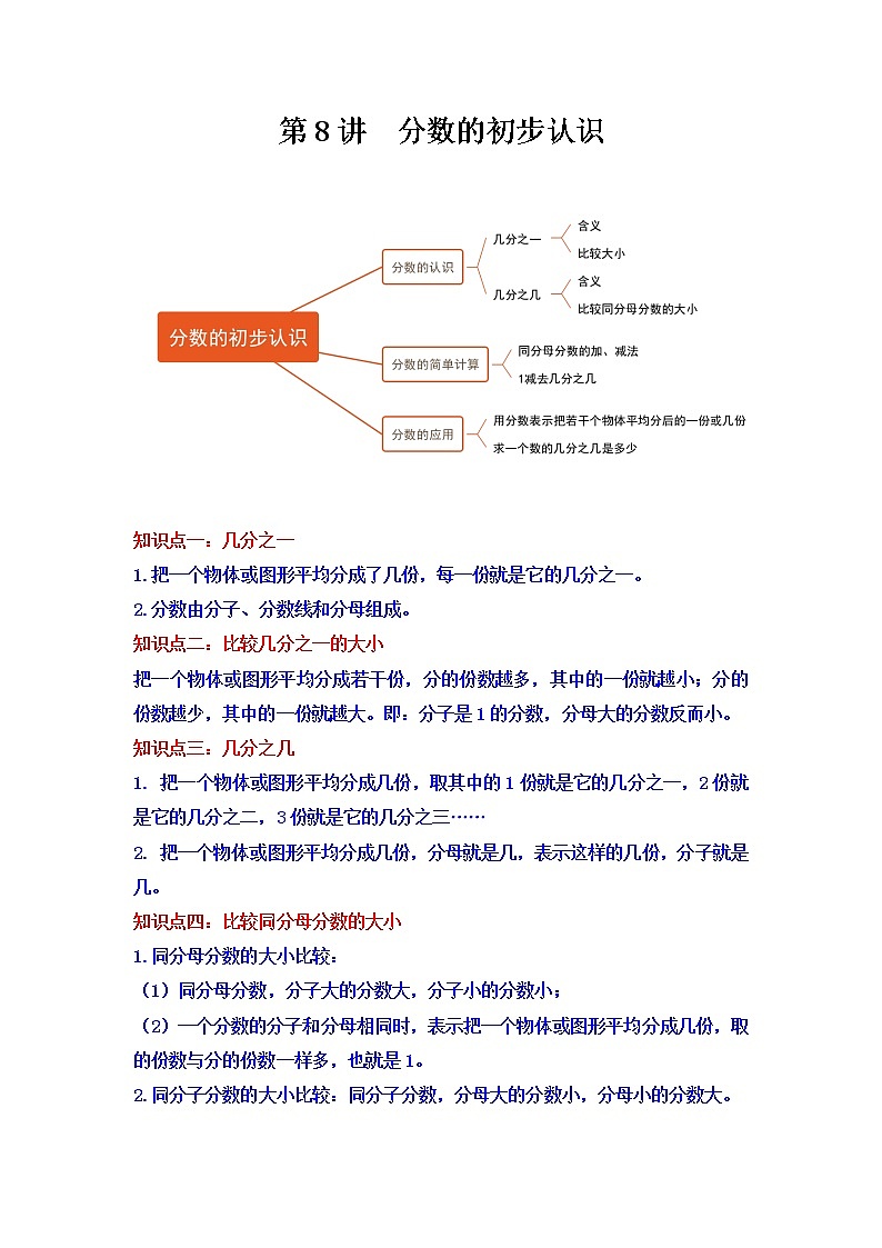 【重难点全掌握】人教版数学三年级上册 第8讲《分数的初步认识》讲义（知识梳理+典型例题+举一反三+巩固提升）01