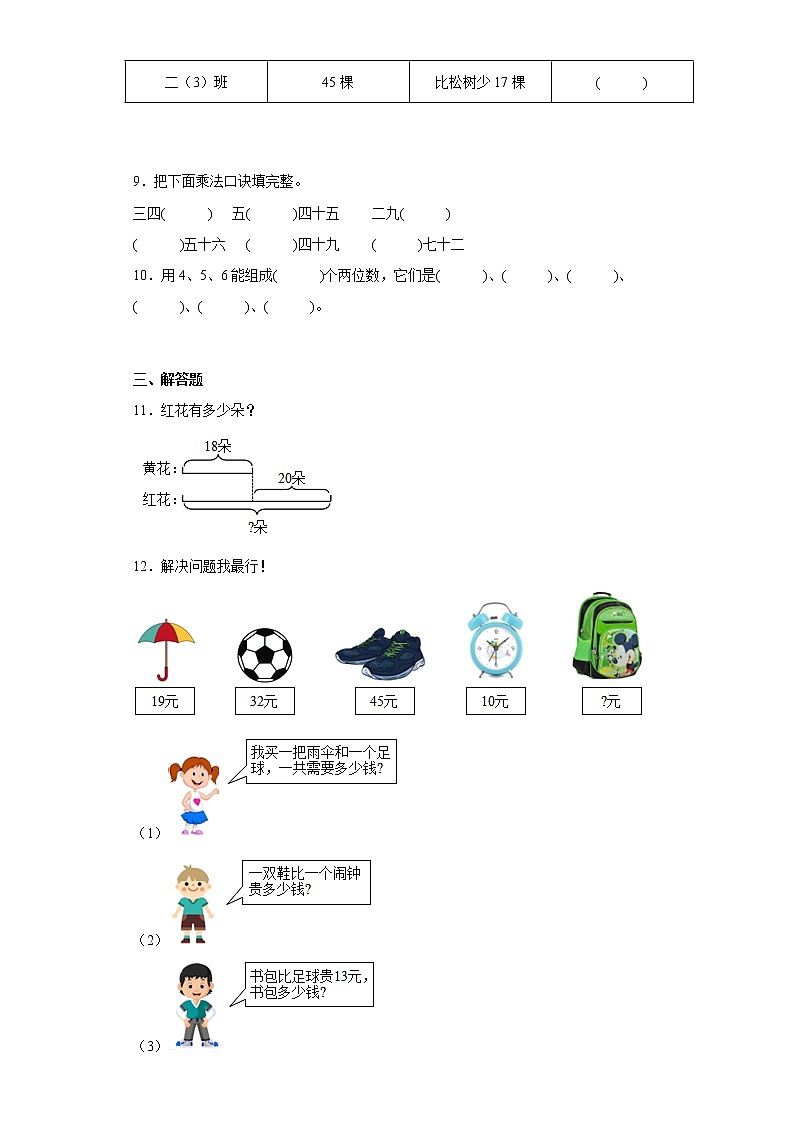 人教版数学二年级上册期末自练题（九）第2页