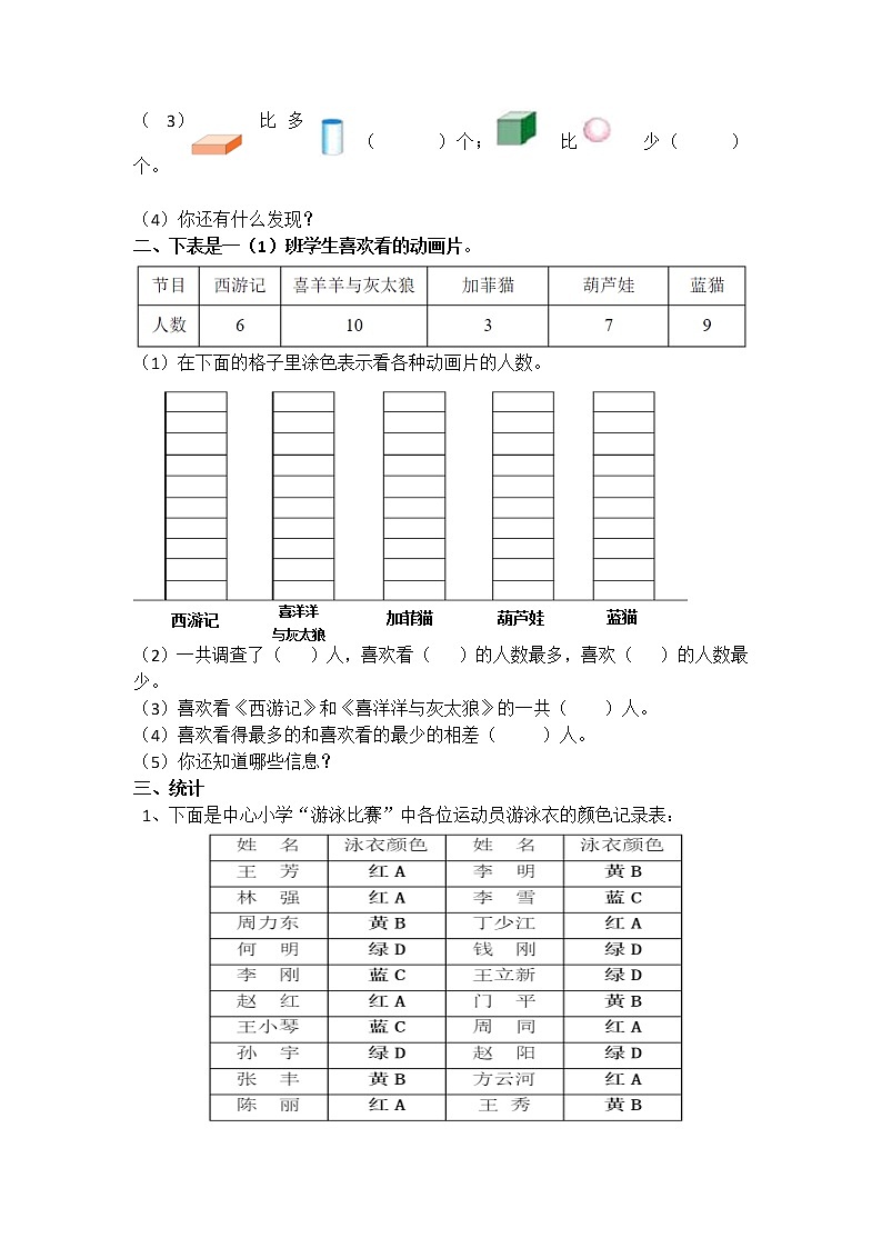 2021年青岛版（五四制）一年级下册第九单元《统计》检测题（无答案）第2页