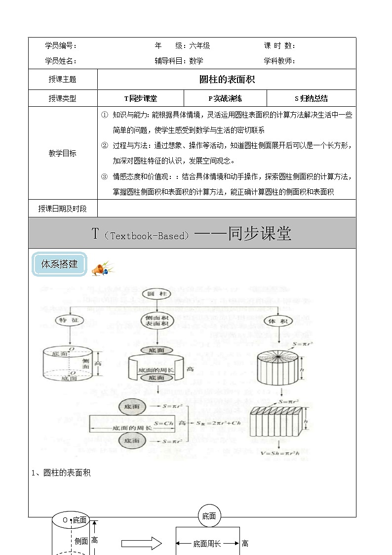 北师大六年级(下)圆柱的表面积-学案01