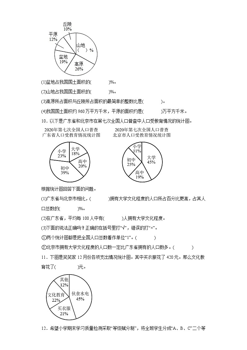 （期末押题卷）第七单元扇形统计图填空题（试题）六年级上册期末高频考点数学试卷（人教版）03