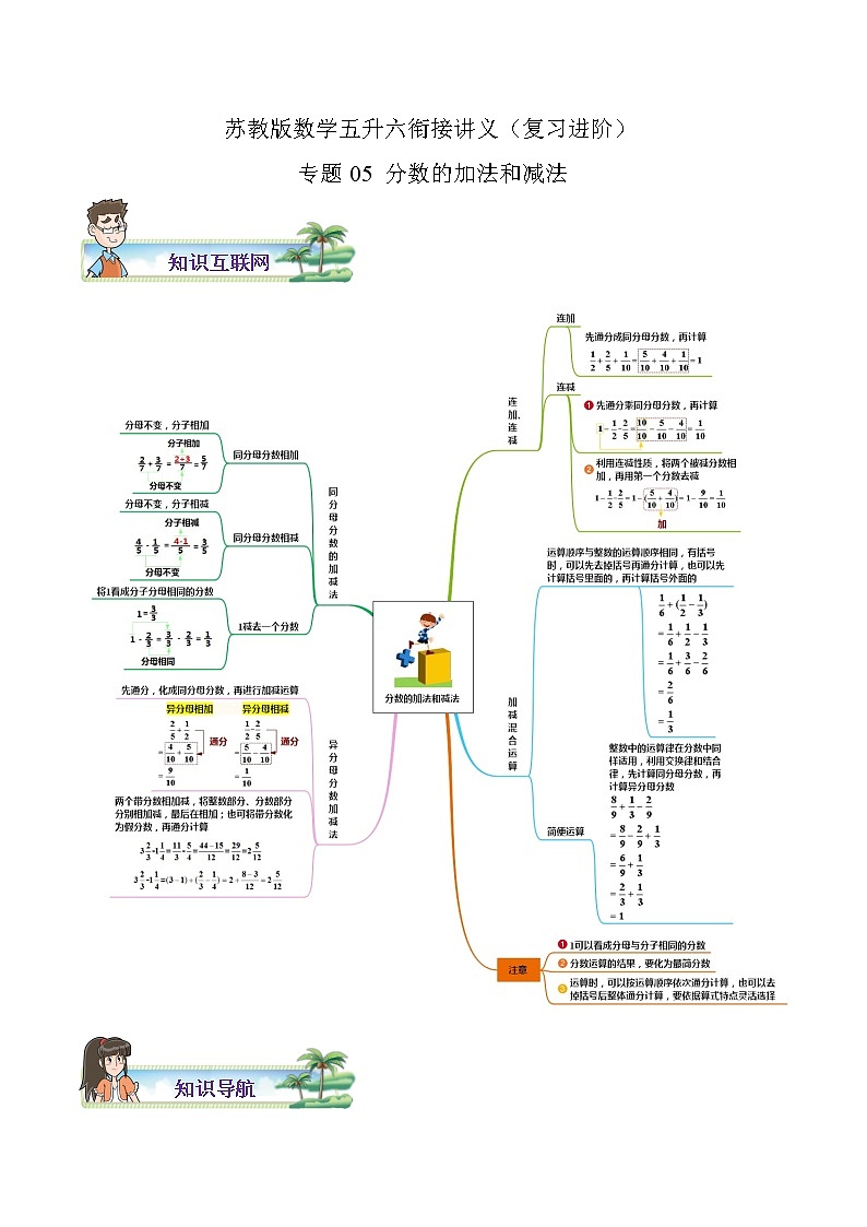 【暑假班】苏教版数学五升六衔接精编讲义 专题05《分数的加法和减法》（解析版）01