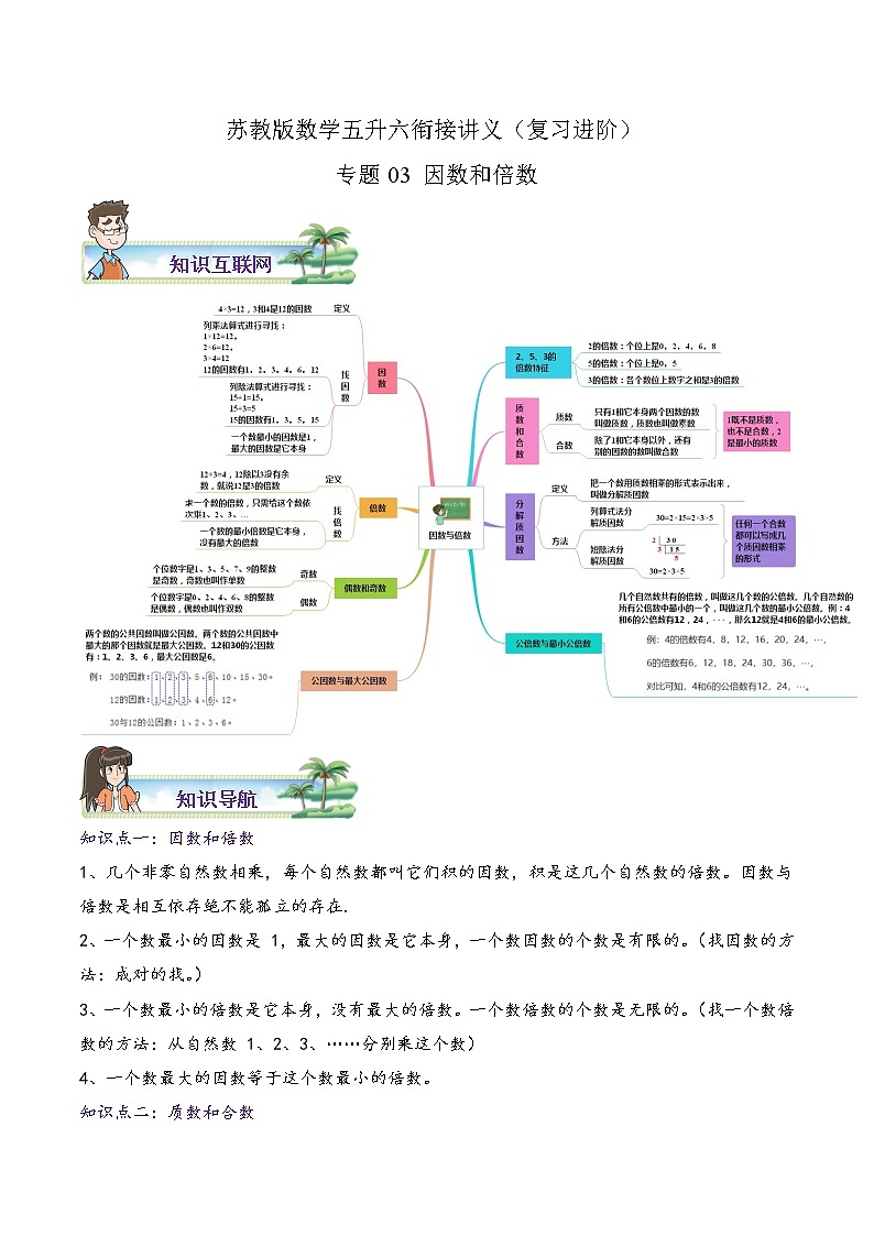 【暑假班】苏教版数学五升六衔接精编讲义 专题03《因数和倍数》（解析版）01