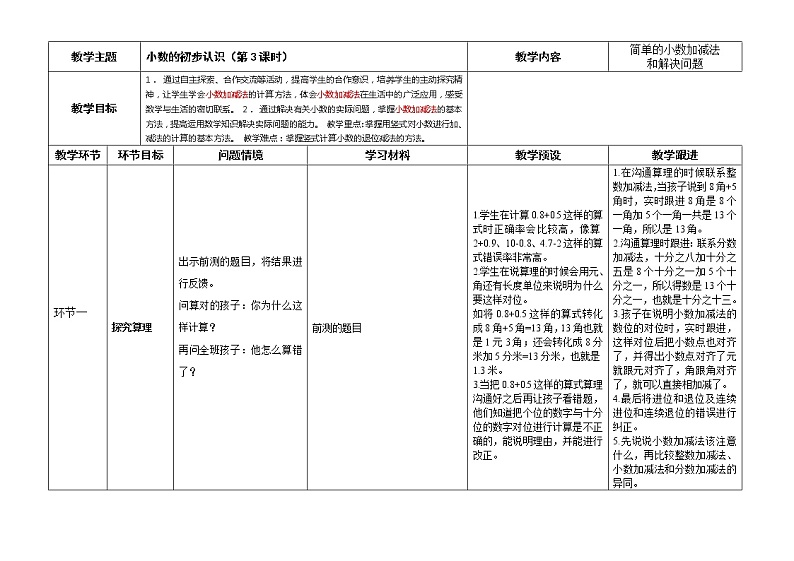 人教版三年级下册小数加减法教案01