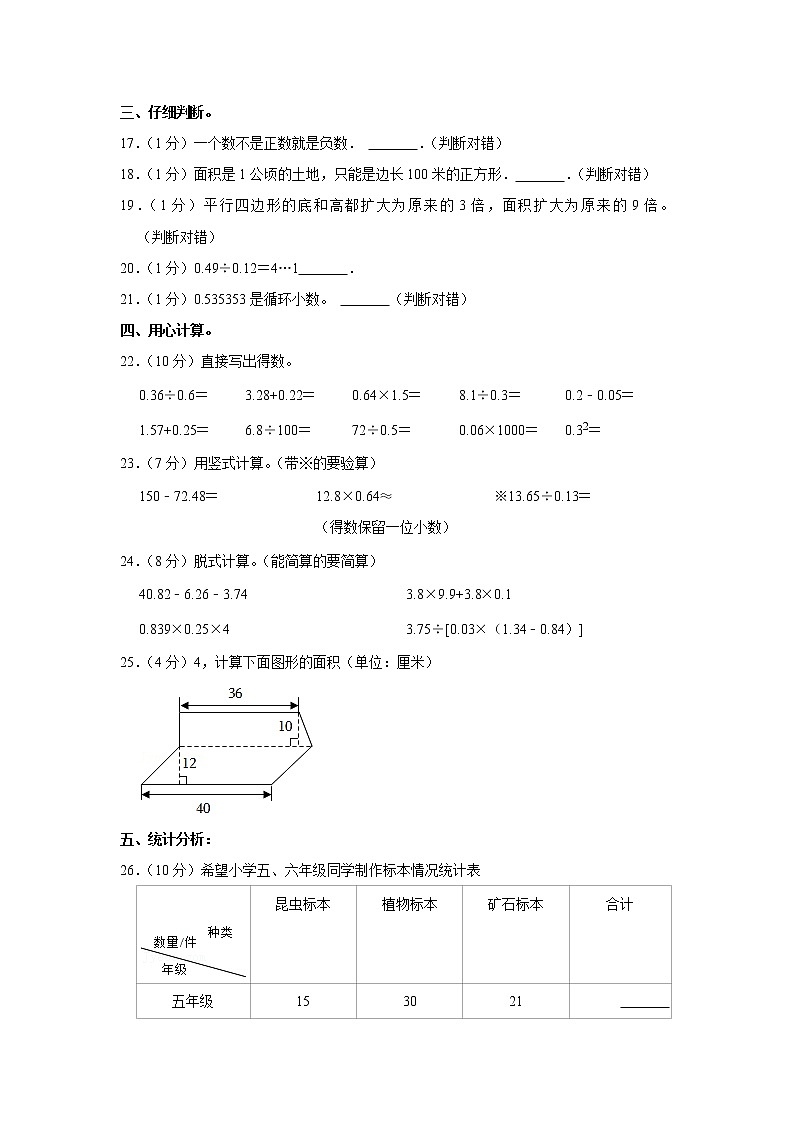 2021-2022学年青海省黄南州河南县新乡市长垣市五年级（上）期末数学试卷第3页