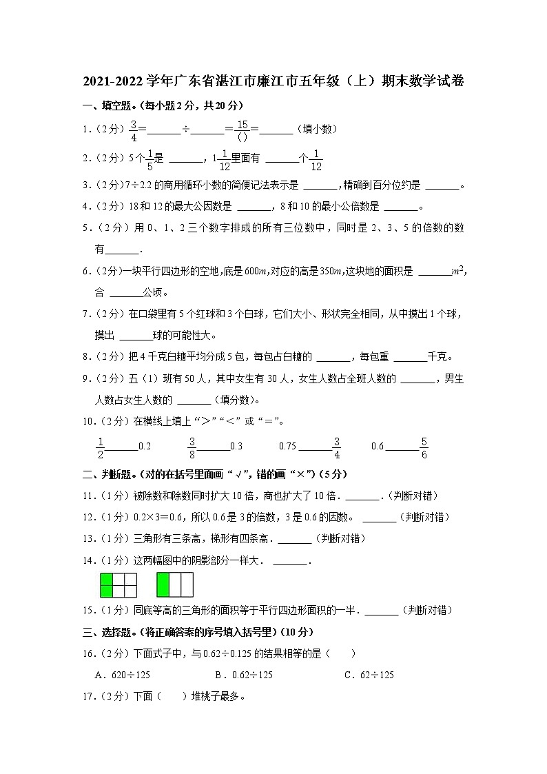 2021-2022学年广东省湛江市廉江市五年级（上）期末数学试卷第1页