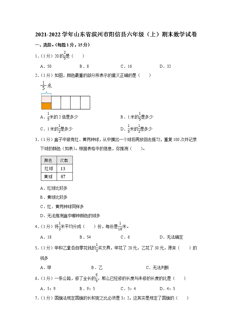 2021-2022学年山东省滨州市阳信县六年级（上）期末数学试卷01