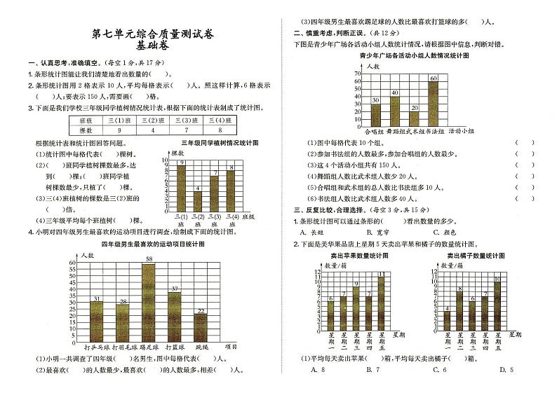 人教版四年级上册《数学》第七单元综合质量测试卷基础卷（答案见专辑末尾）第1页