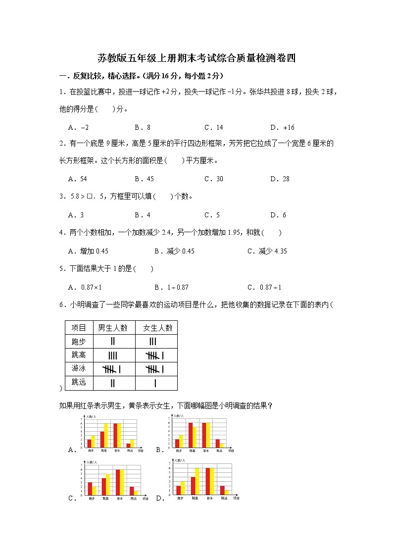 苏教版五年级上册期末考试综合质量检测卷四第1页