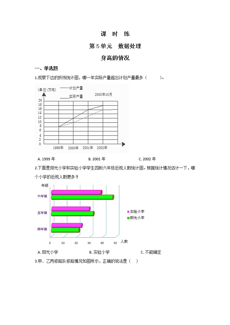 六年级数学北师大版上册 5.3 身高的情况      课时练2第1页