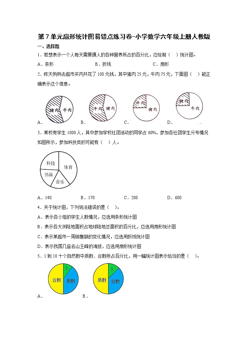 第7单元扇形统计图易错点练习卷（单元测试）-小学数学六年级上册人教版第1页