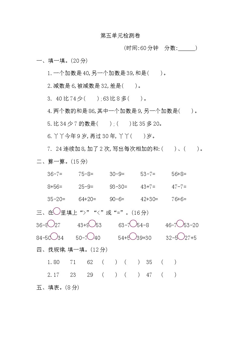 青岛版数学（六三制）一年级下册第五单元检测卷1附答案01
