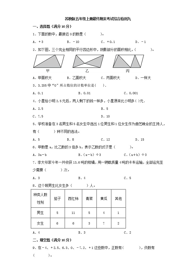 苏教版五年级上册最终期末考试综合检测九第1页