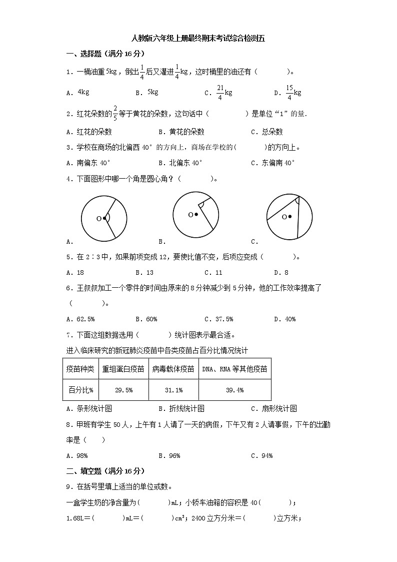人教版小学数学六年级上册最终期末考试综合检测五第1页