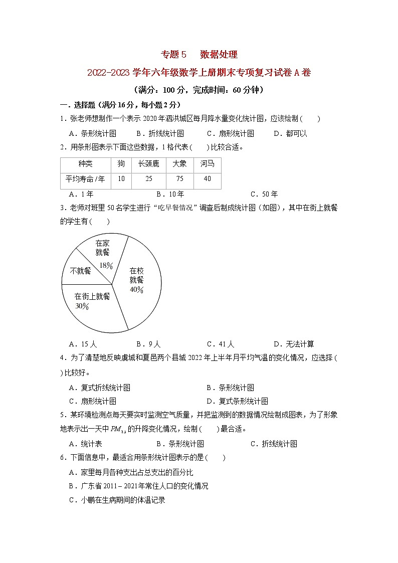 【期末专项复习】北师大版小学数学六年级上册期末专项复习试卷A卷——5.数据处理01