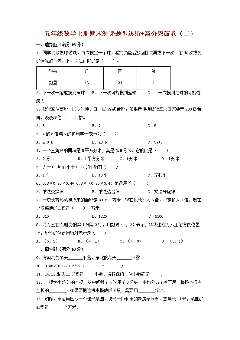 【精英突破—百分冲刺】五年级数学上册期末测评题型透析+高分突破卷（二）   人教版（含答案）第1页