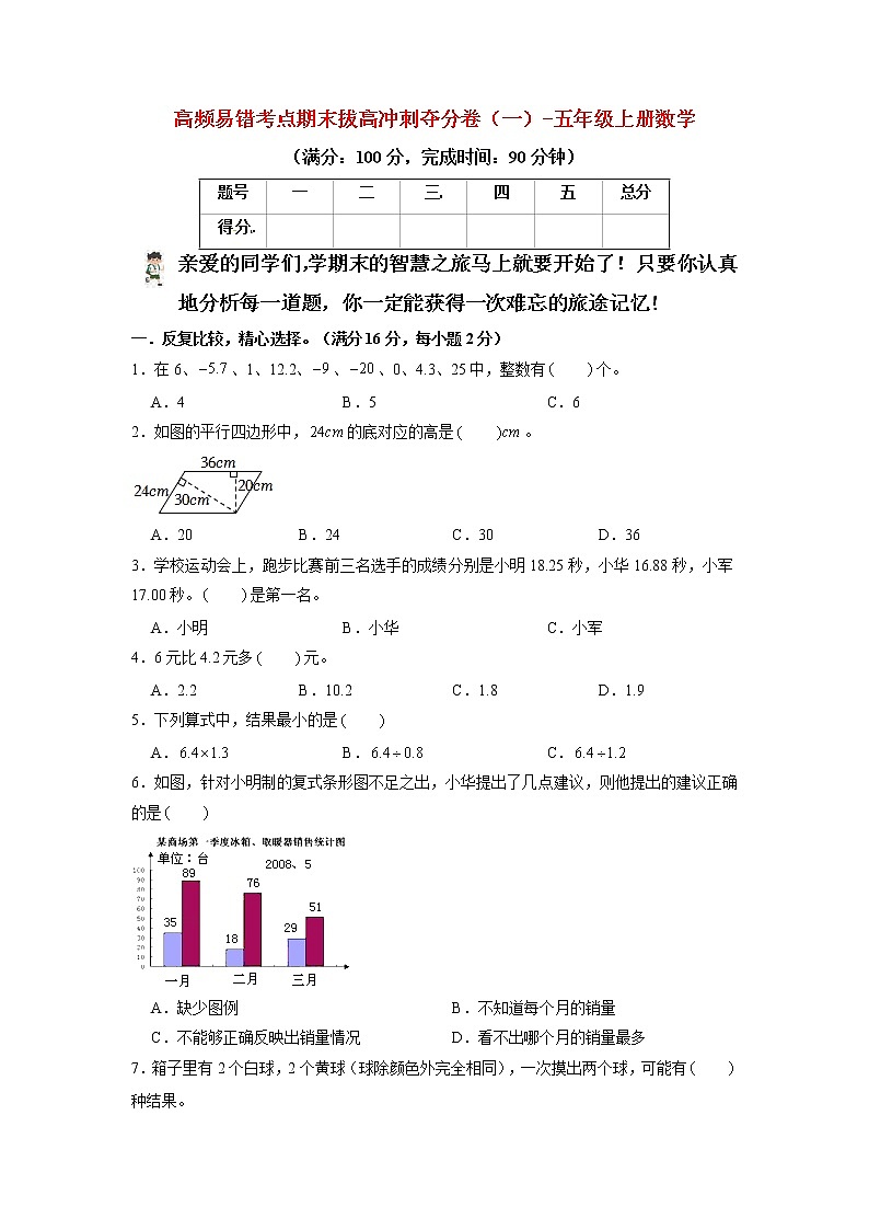 【期末模拟】苏教版五年级上册-期末拔高冲刺夺分卷（一）（含答案）01