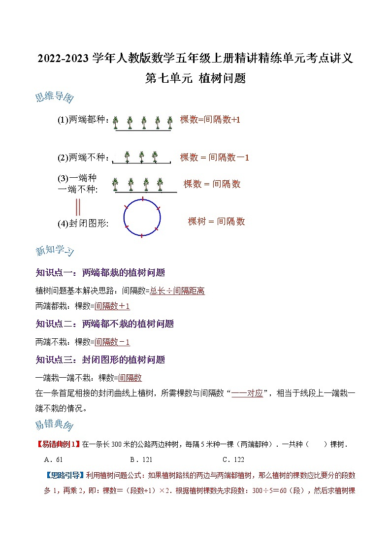 【期末讲义】人教版数学五年级上册-第七单元《植树问题》期末复习单元精编讲义（解析）第1页