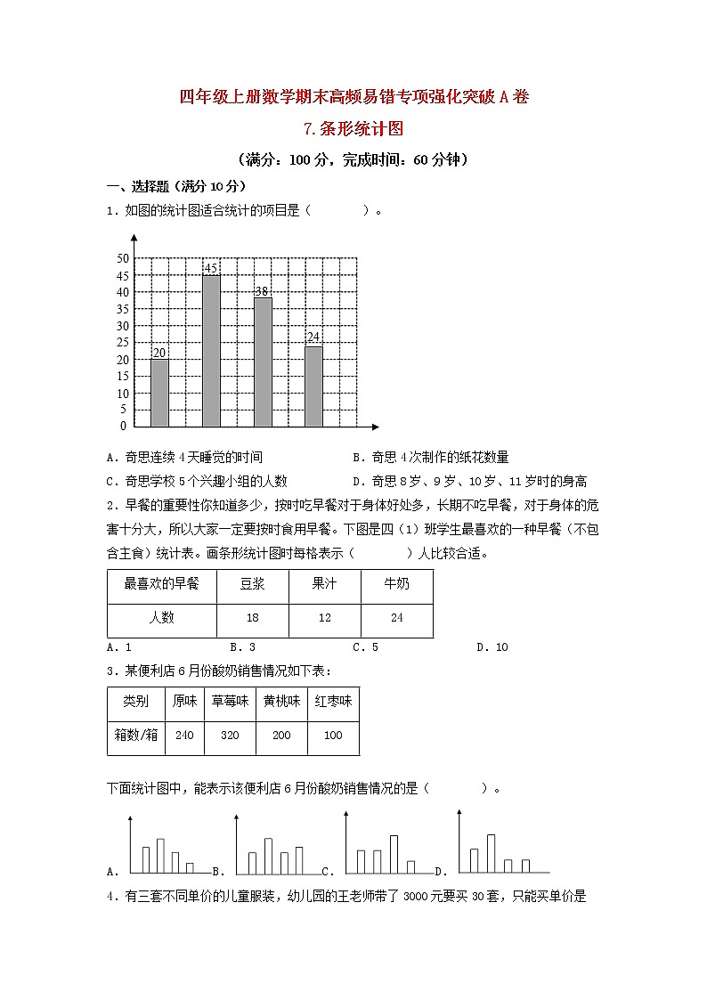 【期末专项复习】人教版数学四年级上册期末专项强化突破A卷——7.条形统计图第1页